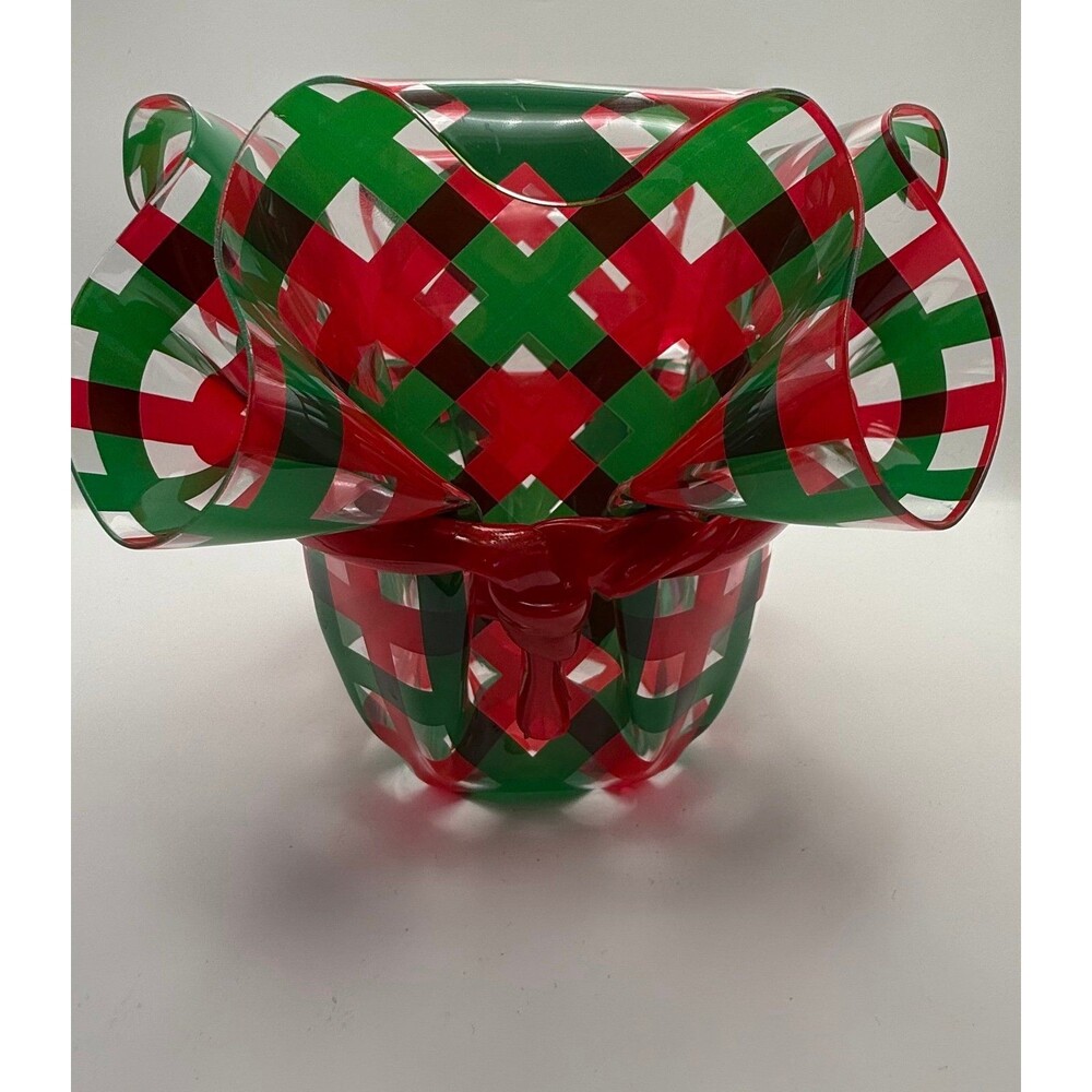 Vintage Christmas Plastic Ruffled Dish Red & Green Plaid Ribbon Candy Bowl